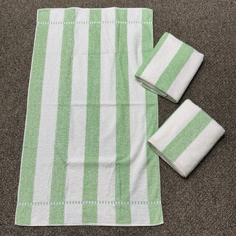 Vintage Dundee Green Striped Bath Towel Cotton Lot of 3 40x23
